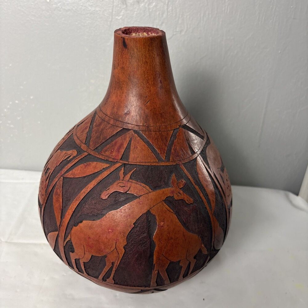 Hand Carved Gourd Bottle Vase Decor Tribal Style African Kenya Rustic Folk Art